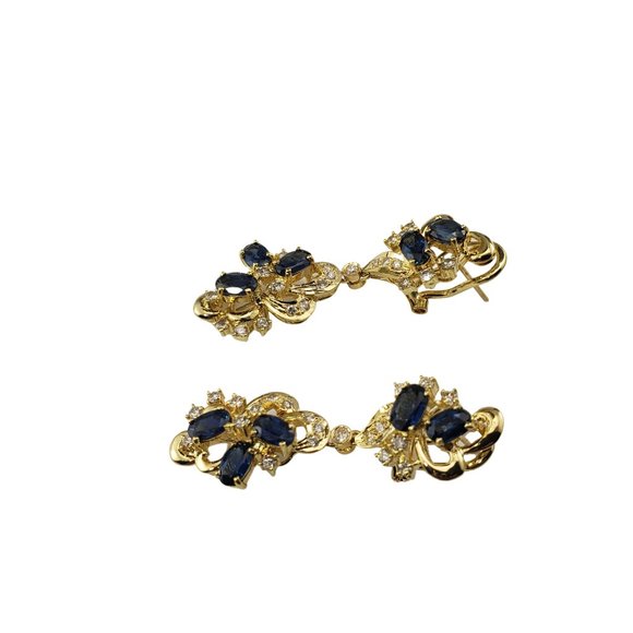 Vintage 18 Karat Yellow Gold Natural Sapphire and Diamond Dangle Earrings #10739 - Picture 2 of 8